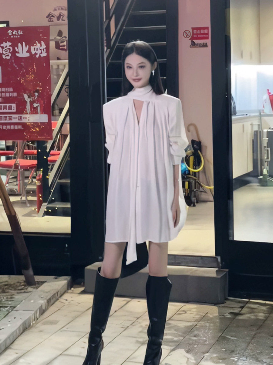 现货!秋季新款御姐风通勤领结小众气质设计感中长款韩版慵懒衬衫