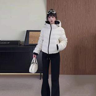 冬季白色原宿风连帽外套排骨撞色连帽羽绒棉服女时尚小个子短款