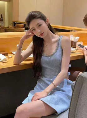 chic名媛高级感小香风轻奢蝴蝶结露腰设计纯欲亮片钉钻吊带连衣裙