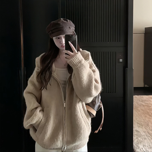 现货自留！超绝松弛感高克重长袖羊毛针织拉链连帽毛衣外套简约风