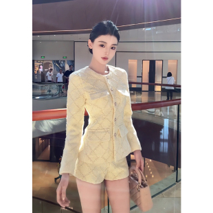 外套高腰短裤 富家千金小香风套装 修身 气质菱格纹短款 两件套 女秋季