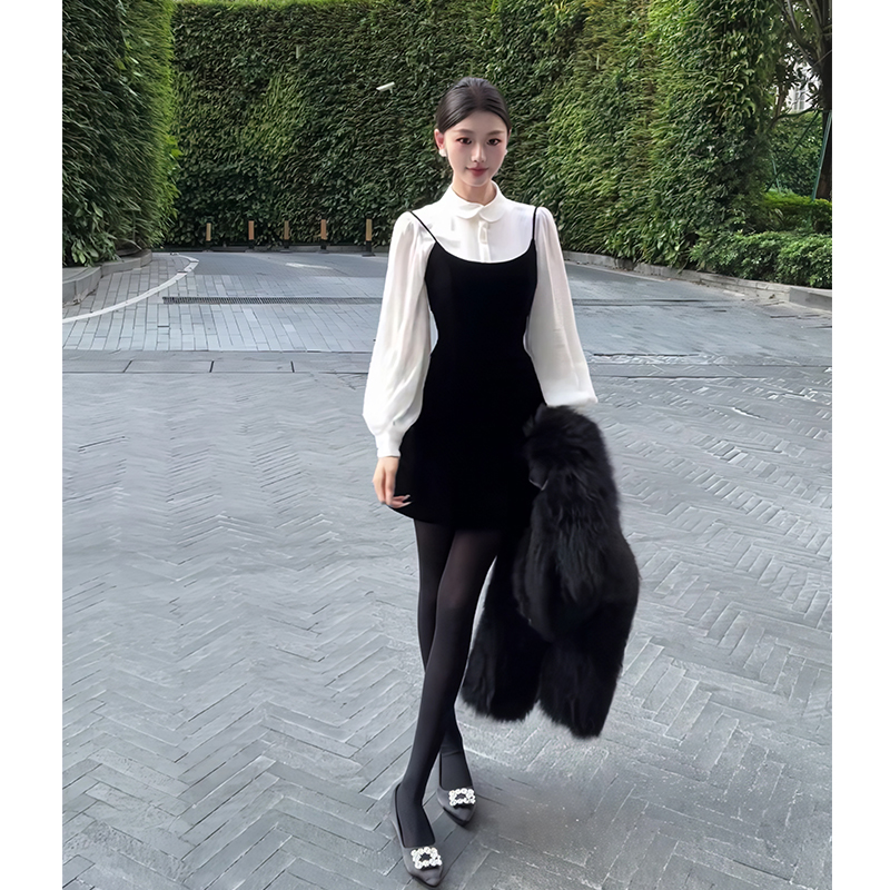 长袖衬衣灯笼上衣丝绒吊带连衣裙