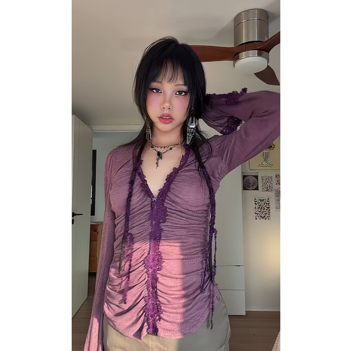 春秋新品！【紫藤衣】灰紫色蕾丝花边长袖修身弹力微透上衣/开衫,女装/女士精品,衬衫,淘宝优惠券,粉丝福利购,淘宝优惠卷