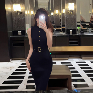 气质女神感半高领纯欲无袖腰带弹力针织连衣裙开叉包臀裙中长款