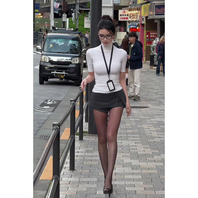 港风职业装高领修身半袖T恤女高腰性感短款开叉裙裤两件套送配件,女装/女士精品,时尚套装,淘宝优惠券,粉丝福利购,淘宝优惠卷