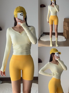 运动上衣普拉提训练瑜伽服健身 T恤显瘦春秋女修身 亨利衫 V领长袖