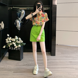 减龄牛仔 ootd衬衫 短袖 一整套短裙活泼女搭夏季 绿色两件套潮穿薄款