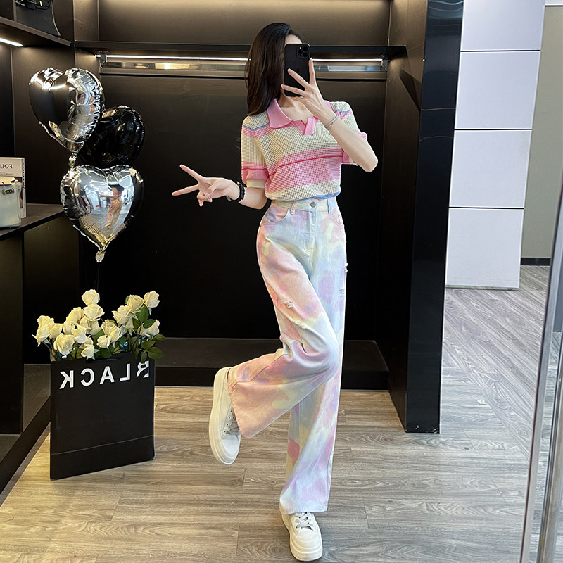 时尚套装女夏季新款小个子撞色条纹翻领针织上衣阔腿牛仔裤两件套