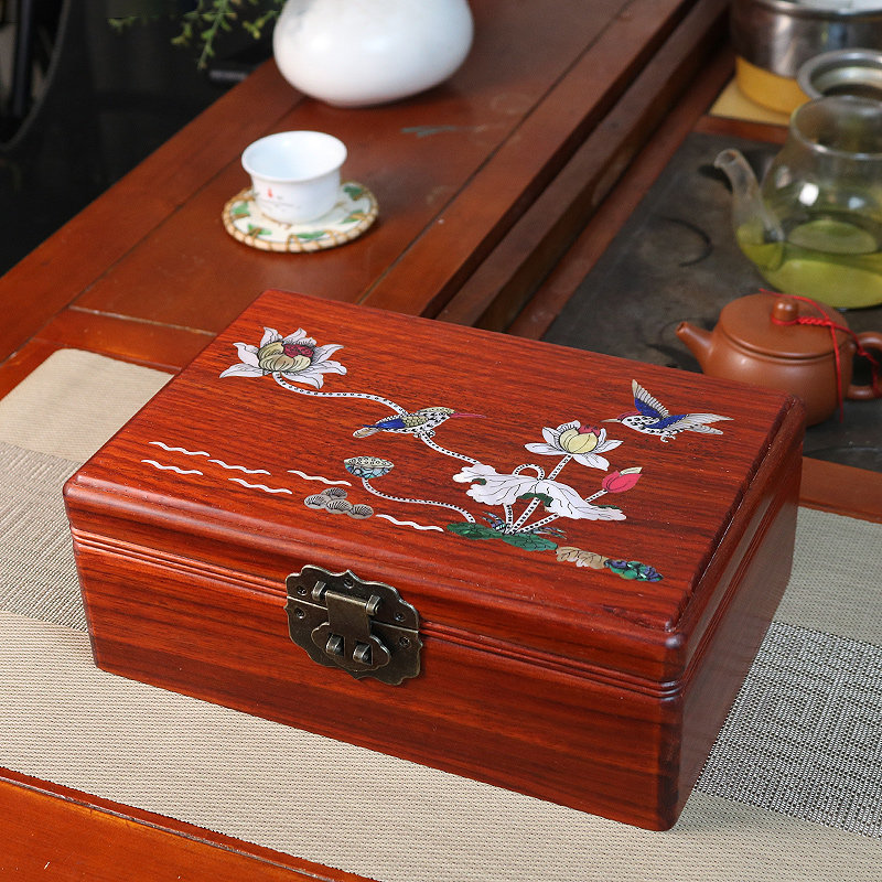实木首饰盒收纳盒螺钿中式红花梨木桌面房产证珠宝项链手表印章盒