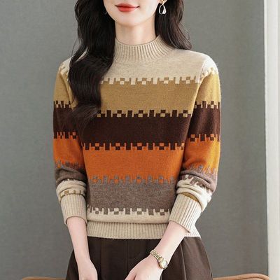 秋冬季新款提花半高领中老年妈妈装毛衣女时尚洋气加厚打底针织衫