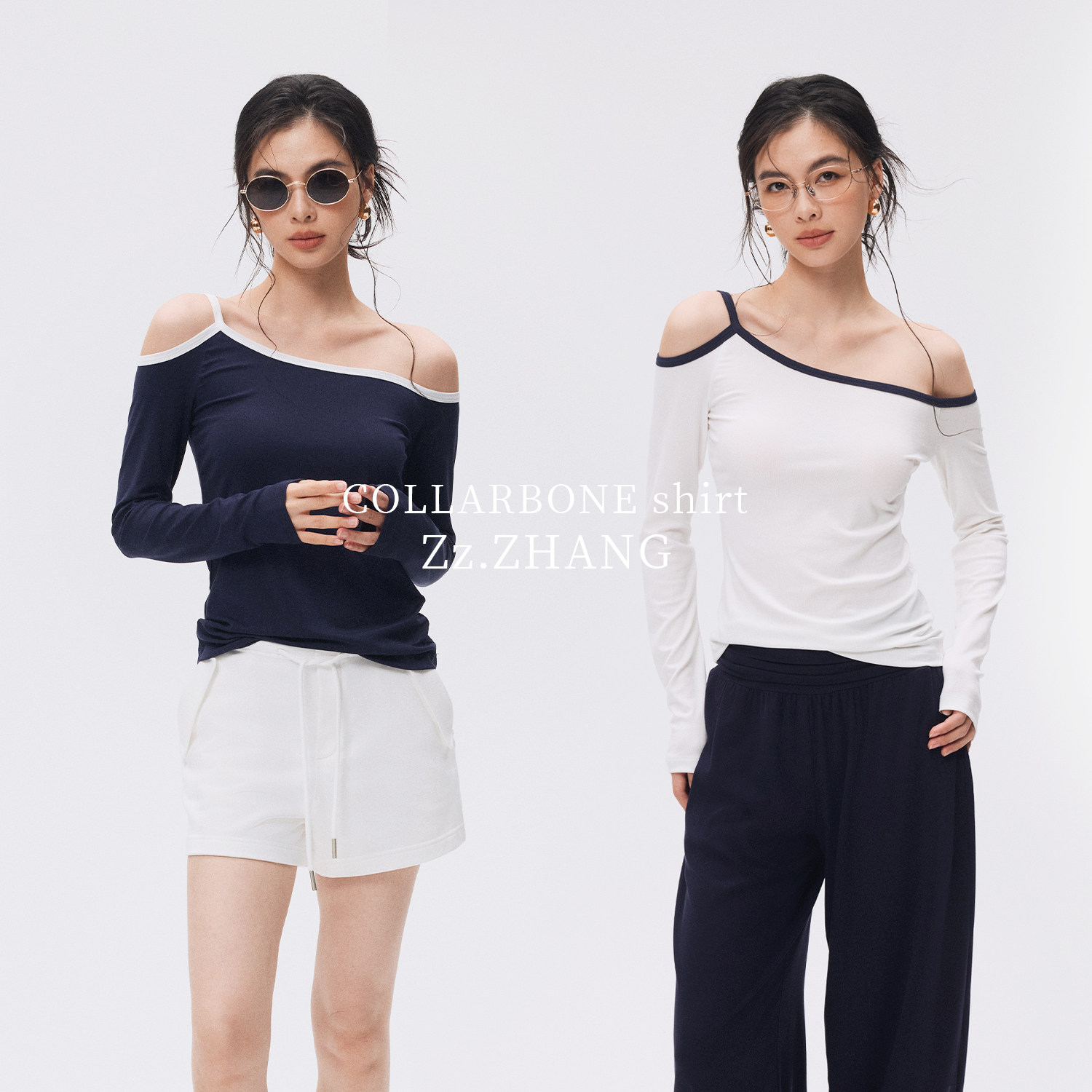 ZzZHANG时髦单品Tee_莱赛尔拼接撞色休闲百搭修身显瘦露肩打底T恤