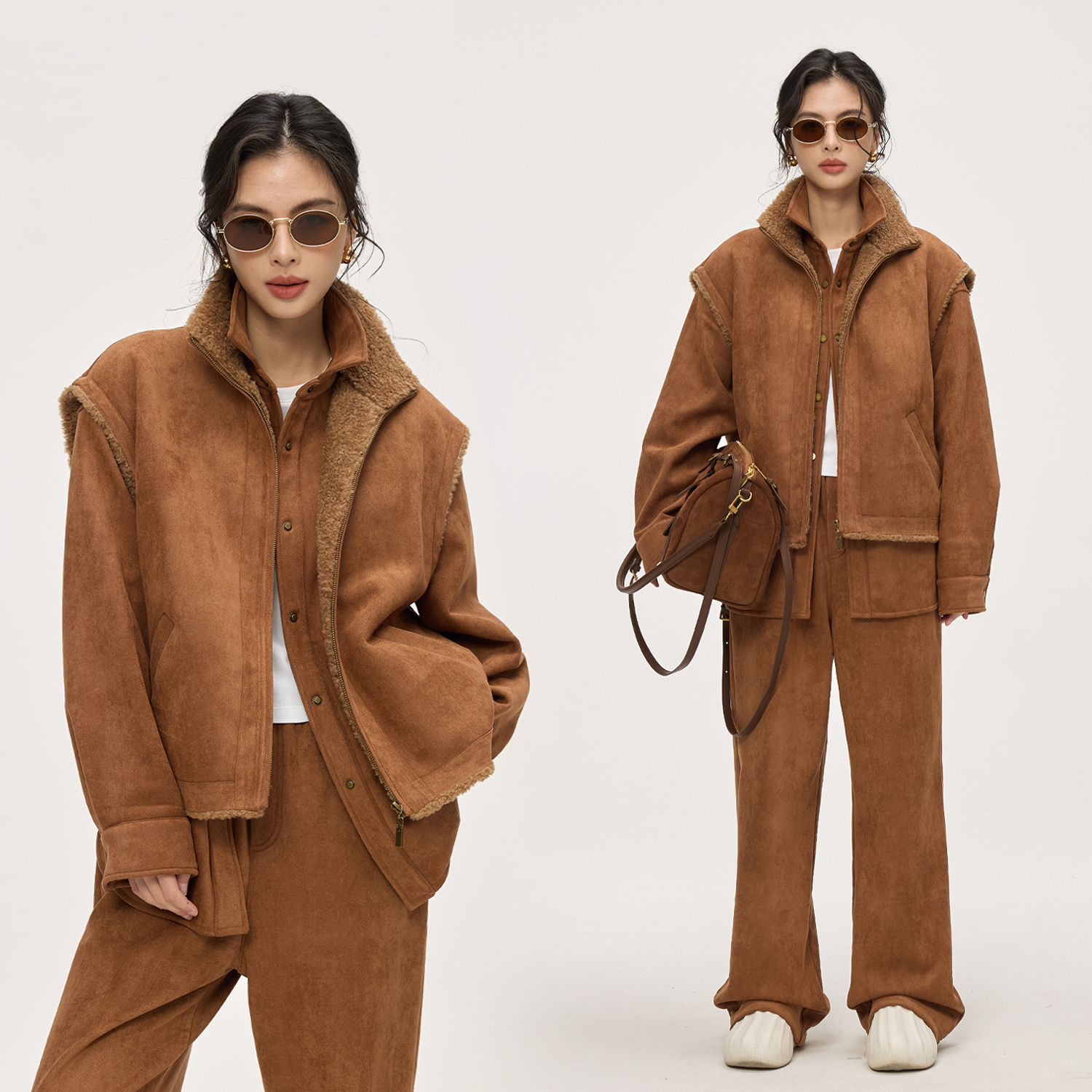 仿麂皮绒加绒马甲衬衫长裤套装