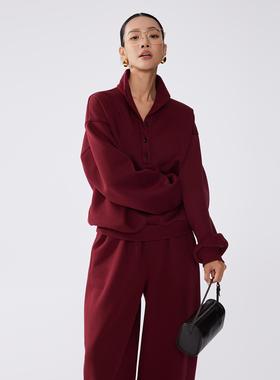 ZzZHANG【氛围感穿搭】冬季红色休闲开衫内搭立领卫衣+阔腿裤套装