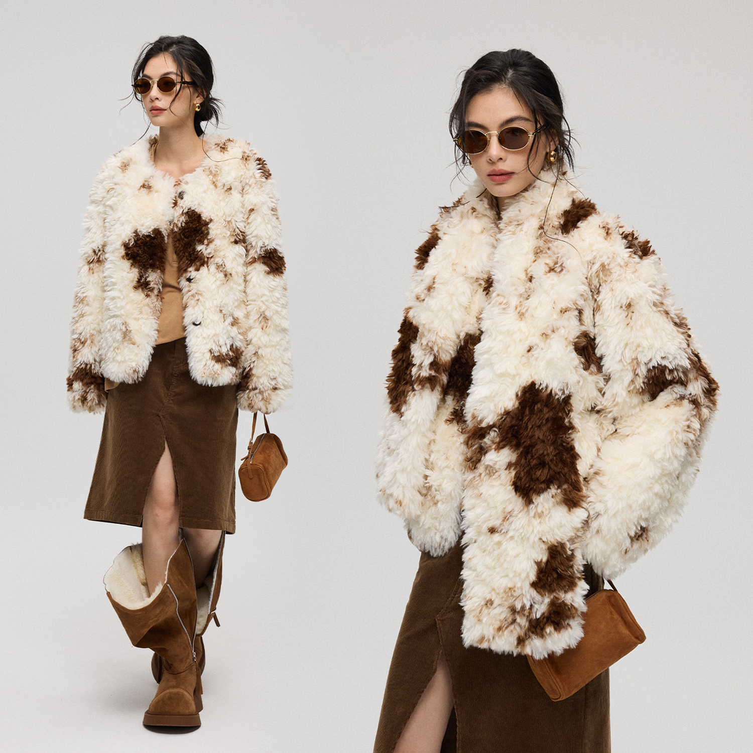 混色印染仿皮草廓形外套女+围巾