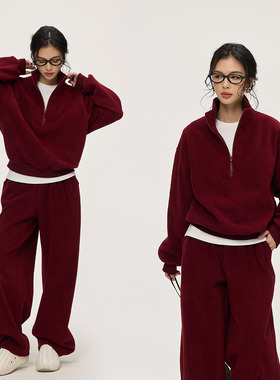 ZzZHANG｜懒人漫步_红色颗粒绒休闲慵懒风显瘦立领卫衣卫裤套装