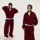 ZzZHANG｜懒人漫步_红色颗粒绒休闲慵懒风显瘦立领卫衣卫裤 套装