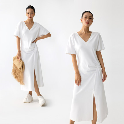 ZzZHANG｜高挑滤镜_夏季V领开叉中长款T恤裙时尚显瘦开叉连衣裙