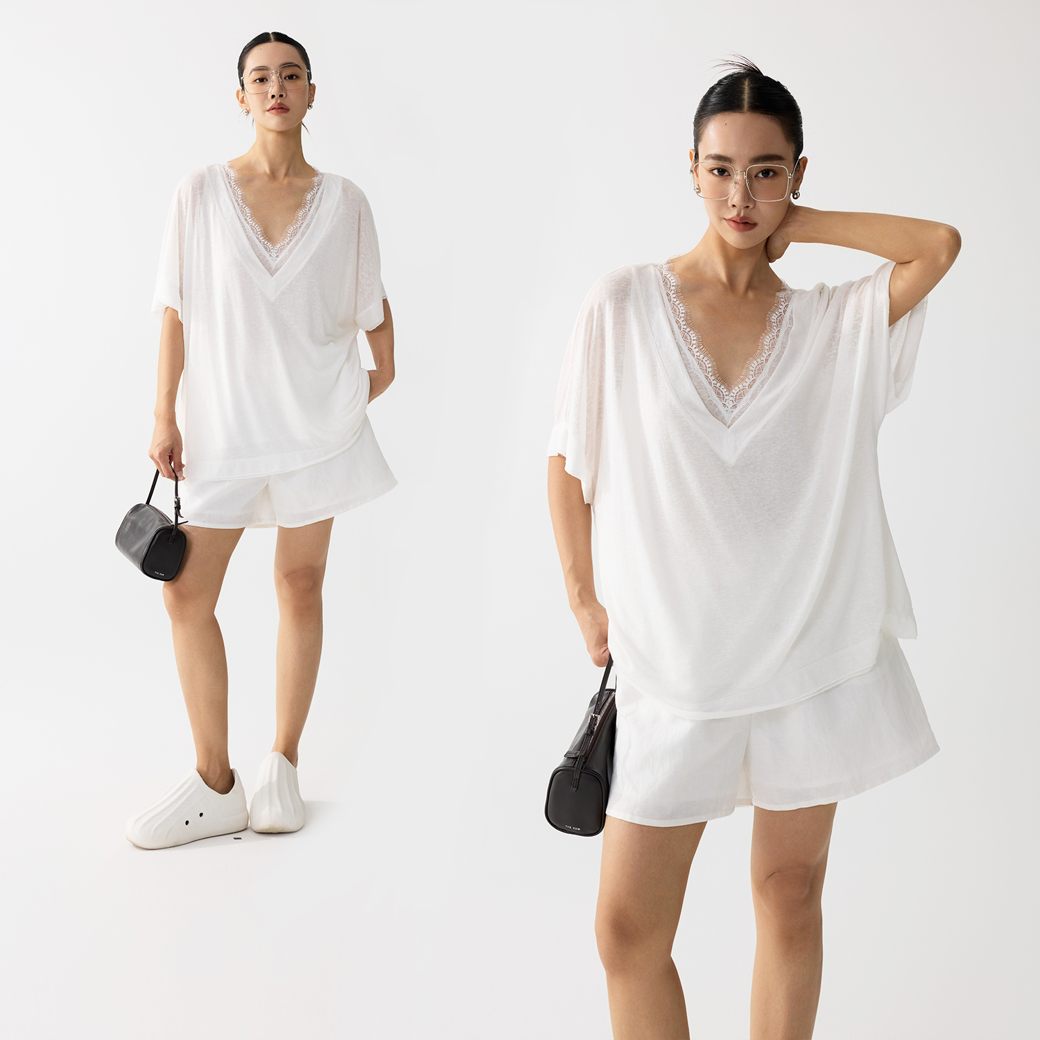 ZzZHANG夏季蕾丝花边V领短袖T恤