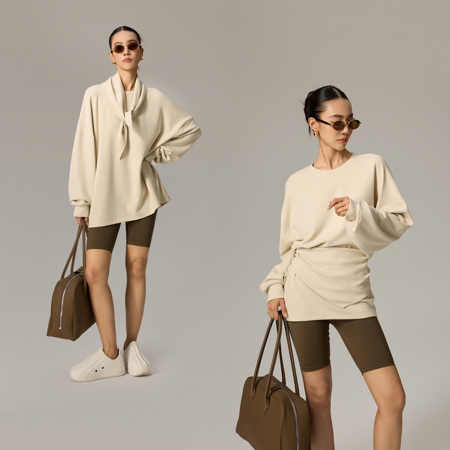 慵懒风落肩圆领休闲时尚T恤上衣