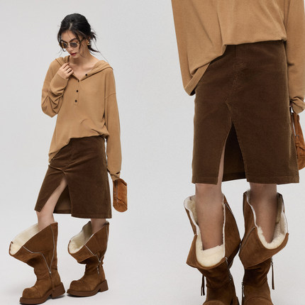 ZzZHANG｜都市映像_秋冬通勤时尚气质直筒复古短款灯芯条绒半身裙