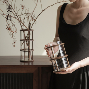 栗石中古风创意玻璃直筒花瓶摆件新中式 客厅玄关餐桌面水培插花器