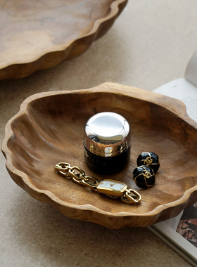 栗石侘寂风手作柚木托盘家用茶几果盘新中式实木玄关钥匙收纳摆件