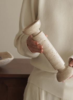 侘寂风洞石柱形烛台摆件工艺品