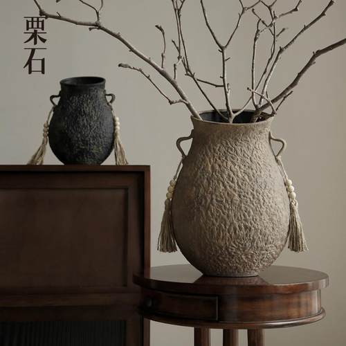 侘寂风复古艺术陶瓷双耳花瓶摆件