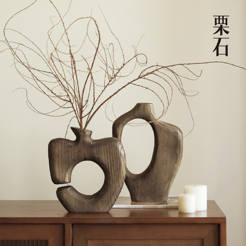 侘寂风做旧创意艺术木质花瓶摆件