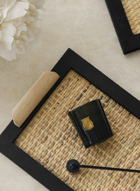 栗石侘寂风木质藤编托盘摆件复古中式民宿茶室客厅置物盘收纳茶盘