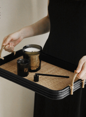 栗石中式复古木制藤编托盘摆件中古高级感民宿茶室长方形茶盘餐盘