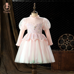 爱莎公主裙女童秋冬新款冰雪奇缘生日针织小女孩儿童粉色艾莎裙子