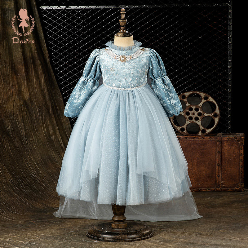 Hi!Fish爱莎公主裙女童春装长裙拖尾裙艾莎女孩生日礼服高端裙子