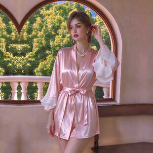 短款晨袍珍珠浪花纱睡袍网纱薄款冰丝睡袍家居服浴袍女婚礼伴娘团