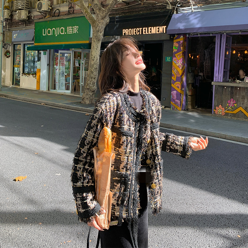 小香风粗花呢千鸟格外套女冬季超火好看羽绒内胆加绒加厚保暖夹克,女装羽绒服,2C005