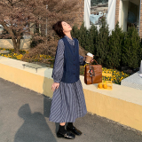 韩版设计感减龄格纹连衣裙女2025春季新款休闲牛仔马甲，女装连衣裙，2C005