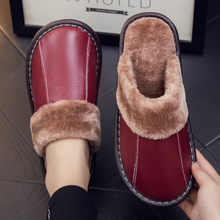海宁真皮面棉拖鞋男女冬季居家室内防水防滑厚底保暖牛皮拖鞋家用