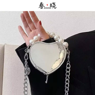 ins小众时尚斜挎包爱心珍珠链条小包女迷你百搭少女心气质手提包