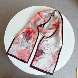 杭州丝绸粉色长款丝巾大飘带蓝色油画真丝双层围巾小领巾纯桑蚕丝