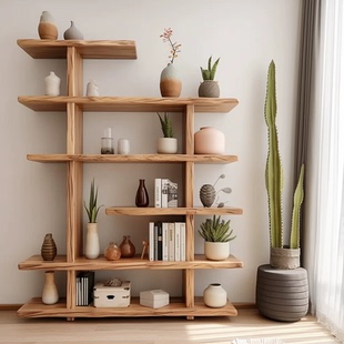 原木侘寂风实木头架子博古架置物架多层书架茶叶架展示靠墙收纳架