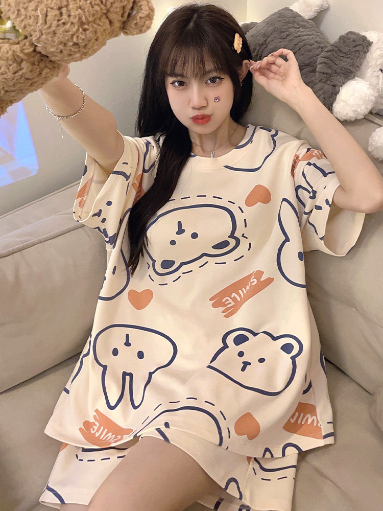 罗丽丝官方正品睡衣女款夏天纯棉可爱卡通短袖套装夏季女士宽松春