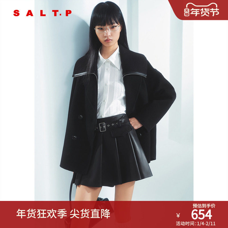 【100%绵羊毛】SALT.P可颜大翻领拼皮复古时髦毛呢外套冬款,女装/女士精品,短外套,淘宝优惠券,粉丝福利购,淘宝优惠卷