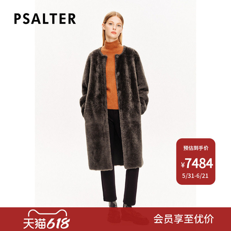 PSALTER诗篇皮毛一体简约圆领羊皮腰带羊毛大衣皮草冬款
