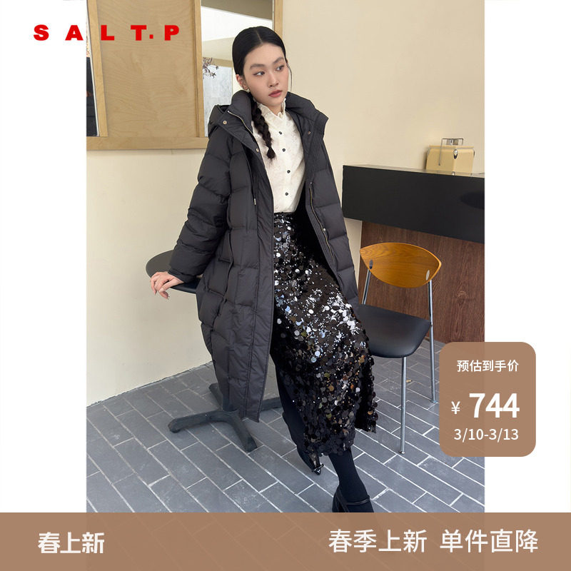 SALT.P可颜高克重白鸭绒高密盐缩直充连帽长款羽绒服冬