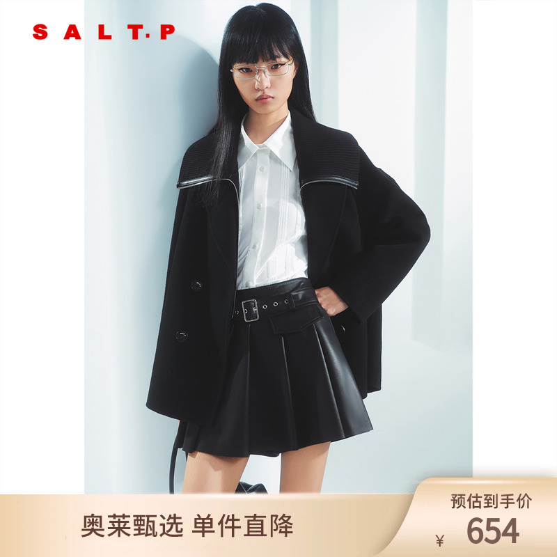 【100%绵羊毛】SALT.P可颜大翻领拼皮复古时髦毛呢外套冬款