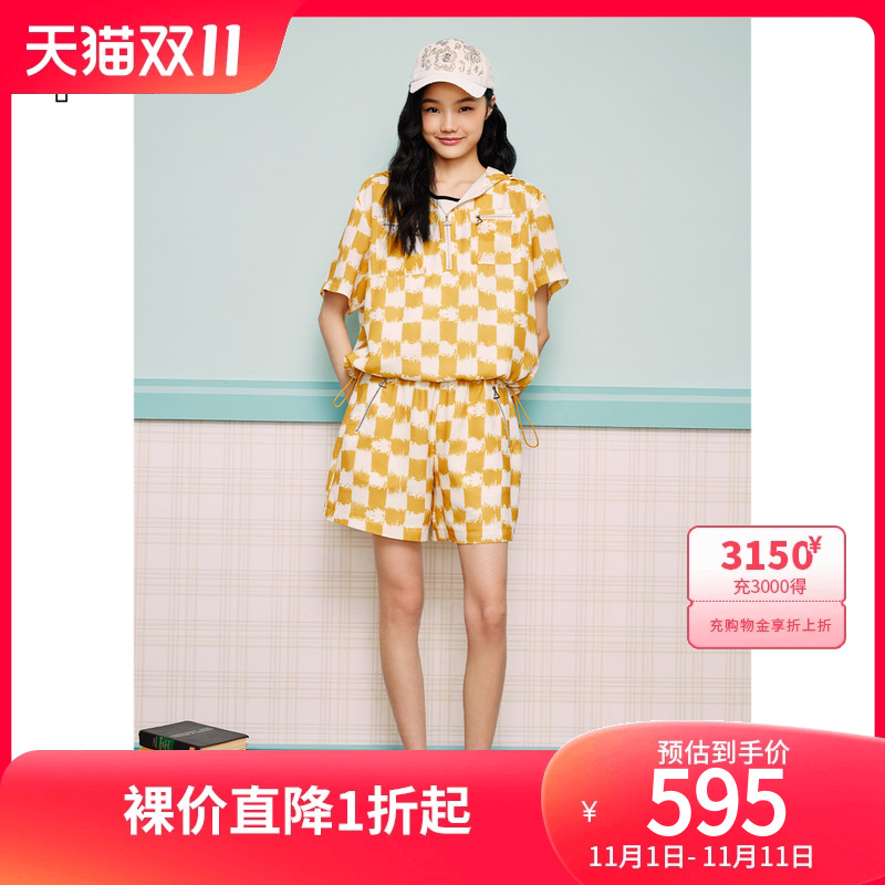 诗篇可颜女装2023夏季宽松连帽棋盘格印花雪纺衫短裤休闲运动套装