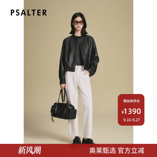 诗篇专选复古翻领松紧腰经典黑色夹克设计感皮衣
