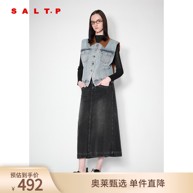 【100%纯棉】SALT.P可颜美拉德撞色拼接翻领垫肩牛仔马甲2024秋