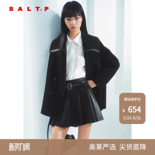 SALT.P可颜大翻领拼皮复古时髦毛呢外套冬款 100%绵羊毛