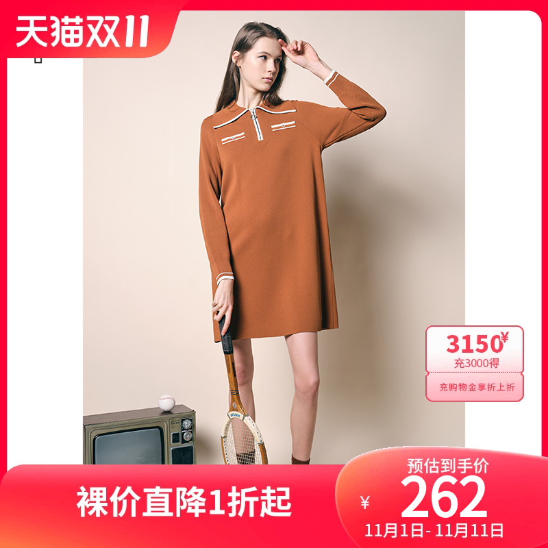 诗篇女装2022秋季新款宽松拉链大翻领学院风针织卫衣裙连衣裙